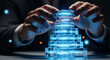 © DA_STOCK - Hands carefully stacking glowing blue digital blocks, building a futuristic structure.