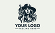 © nuaari - A black and white vector logo illustration of a woman holding a gun and wearing a hat on a light gray background with space for a custom logo and tagline.