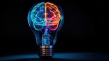 A blue light bulb on a black background with a colorful luminous color human brain inside,