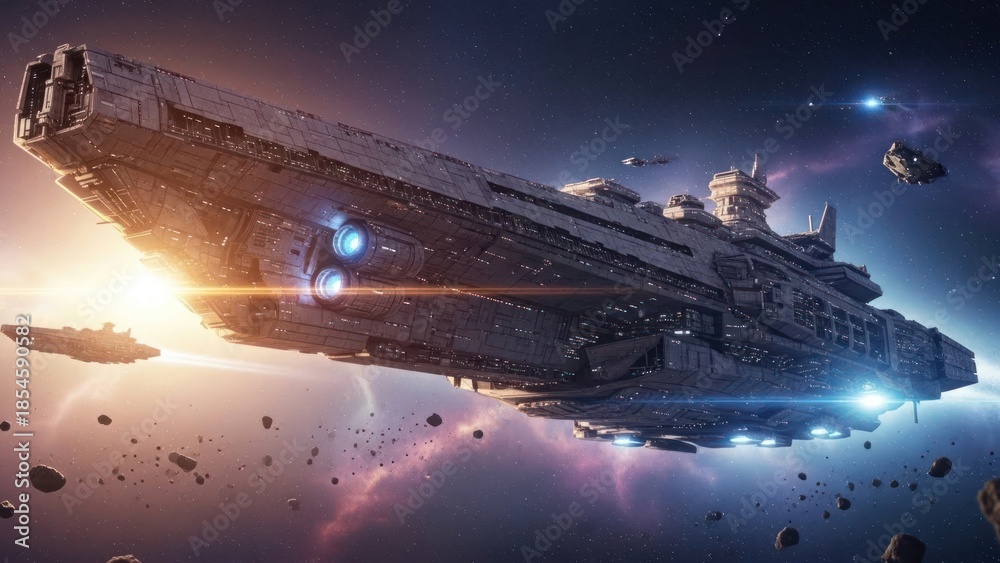 Massive futuristic spaceship navigating through a cosmic nebula with ...