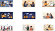 © AD.AILAB - Collection of Flat Design Illustrations Depicting Diverse Teams in Various Professional and Educational Settings, Including Meetings, Presentations, and Collaborative Work