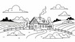 © Vita - Coloring page of a rural house with fields and clouds.