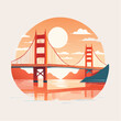 © Palugada - A stylized illustration of the Golden Gate Bridge at sunset with warm orange and red hues, reflected in the calm water.