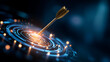 © Julia - Arrow hitting digital target bullseye, futuristic tech design representing success, precision and accuracy strategy, goal visualization with data, business achievement concept, with copy space