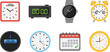 © VectoBloom - Clock and time icon set featuring analog clocks, digital alarm, wristwatch, and calendar symbols in clean flat vector illustration style