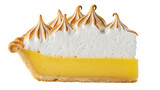 Lemon meringue pie slice PNG isolated on transparent background, delicious dessert with sweet meringue topping and yellow citrus filling