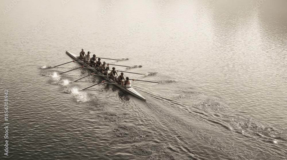 High Performance Team Rowing Rowing team in action on a calm lake, sepia toned for a classic look. A ...