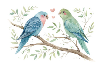 Naklejka na meble Love Birds Sitting on Branch Watercolor Art  isolated on white background
