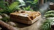 © Preecha - A close-up view of a wet, rough textured natural stone podium surrounded by vibrant green tropical ferns and foliage, with soft atmospheric mist and shimmering water droplets, perf