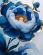 © ElkaiMi - A stunning digital painting of a large blue peony in full bloom next to a small bud. The petals are elegantly outlined in gold leaf, blending deep blue ink textures with a minimalist white background.