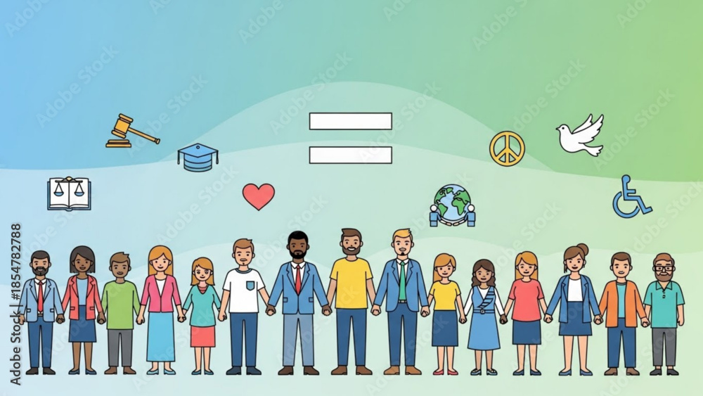 Diverse group of people standing together in unity with symbols of ...