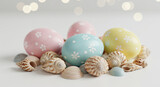 Oeufs de Paques pastel decore delicatement coquillages et lumieres bokeh doux ambiance printaniere festive. AI Generated