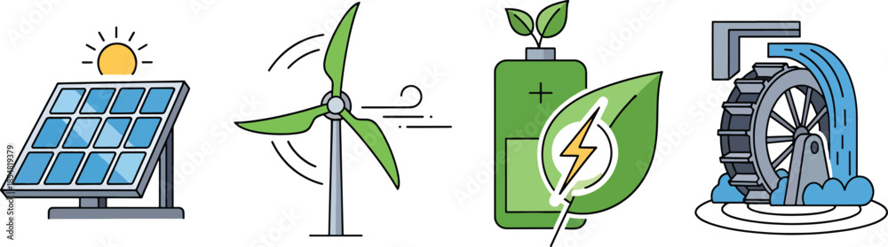 Renewable energy icon set featuring solar panel wind turbine eco ...