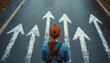© miss irine - Young woman with backpack stands before white arrows painted on asphalt road surface. Girl faces multiple paths, symbolizing choice and future career decisions. Diversity of opportunity concept.