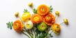 © GiftedFrames - A vibrant bouquet of springtime blossoms, featuring a delightful array of orange and yellow ranunculus flowers with delicate green foliage, arranged artfully on a clean white background