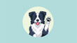 © Nur - Cheerful Border Collie dog face waving its paw inside a circular green frame placed on a teal background.
