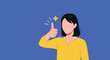 © MD - Happy young woman shows a thumbs up gesture of approval and success against a solid blue background illustration.