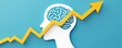 © miss irine - Conceptual graphic shows head silhouette with brain inside and upward trending arrow. Symbolizes mental growth, success, finance, strategy, and business development.