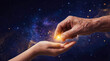 © Aurora Aesthetics - Elderly hand passing glowing seed of knowledge to young hand abstract concept of wisdom transfer legacy generation hope education mentorship light sparkle night sky background copy space