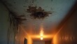 © miss irine - Water damage on ceiling with mold growth near light fixture. Water drips from ceiling into corridor. Home needs urgent repair. Property maintenance is crucial.