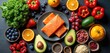 © miss irine - Fresh salmon fillets alongside colorful assortment of fruits berries and vegetables. Healthy food selection for balanced meal prep and nutrient rich diet.