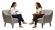 © yendisupiandi - interview or counseling session between two women sitting on beige armchairs isolated with
