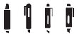 © BraveSpirit - Various black silhouette writing instruments, including different styles of pens and markers, representing tools for creativity, office tasks, and educational purposes.