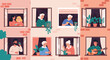 © MS - Neighbors looking out of their apartment windows in a multi-story building represent community life, urban living, and social interactions at home.
