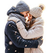 © Diclonius - A tender embrace between a couple in a snowy winter wonderland. The falling snowflakes create a magical backdrop, as two lovers share an intimate moment. png transparent background