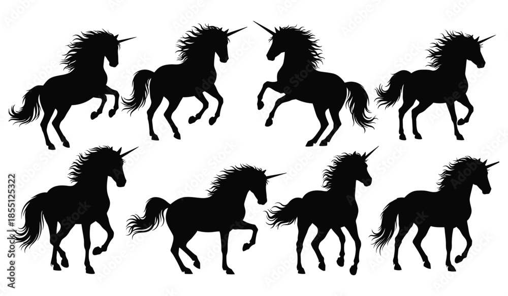 Unicorn horse silhouettes in magical and dynamic poses, a whimsical collection for fantasy themes and enchanting designs