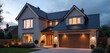 © Vadym - New UK detached house exterior at dusk. Modern architecture, residential property for sale. Luxury suburban home, warm lights glow from windows, driveway ready for cars.