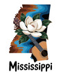 © Ross - Mississippi state illustration with magnolia flower and acoustic guitar, colorful river landscape art, southern music travel poster design