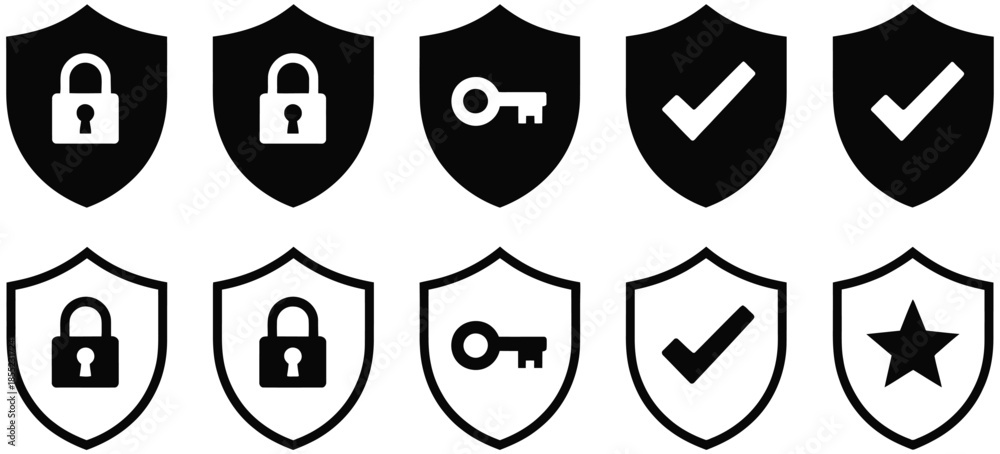 Security shield icons set with lock, key, check mark, and star symbols ...