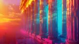 Glowing pop art representation of acropolis in athens with vibrant marble columns