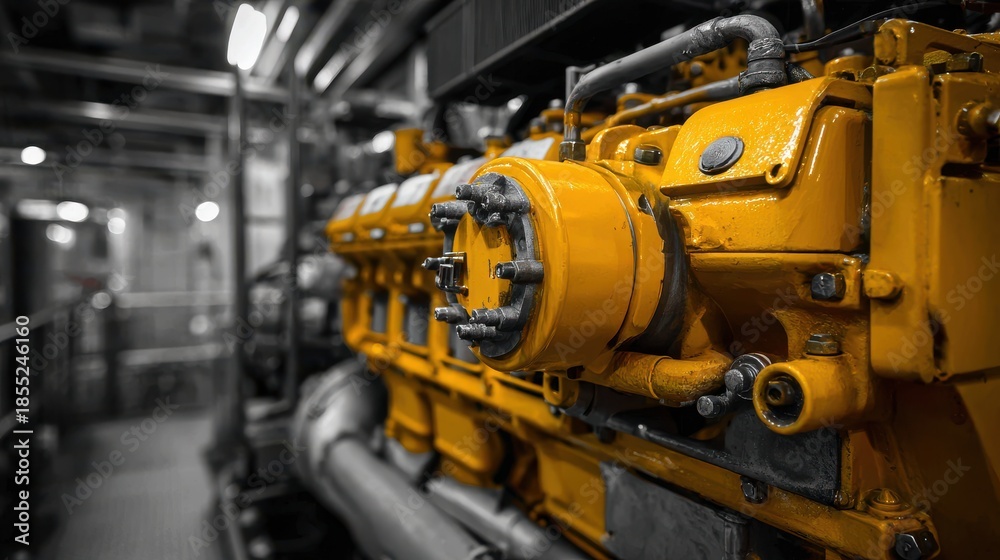 Ship Main Engine Color Large Yellow Industrial Diesel Engine in a Ship Engine Room with ...