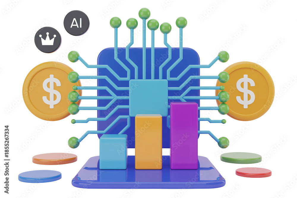 AI financial growth graph in modern circuit board design with dollar coins and colorful bars in bright blue lighting for business analytics