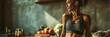 © silver bug - A fit woman in a sports bra stands in a rustic kitchen with fresh produce sunlit, serene vibe evokes wellness, mindful eating, and natural vitality.
