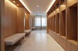 © Pete - Clean contemporary locker room with light wood lockers and cushioned benches. Bright interior hallway with natural light and soft overhead illumination. Empty modern changing space.