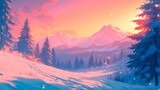 beautiful winter sunset with snow mountains