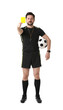 © New Africa - Referee holding yellow card and soccer ball on white background
