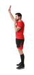 © New Africa - Referee with red card blowing whistle on white background