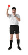 © New Africa - Referee with red card blowing whistle on white background