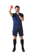 © New Africa - Referee with red card blowing whistle on white background