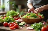 Hands prepare fresh garden salad with tomatoes, cucumbers, and lettuce. Preparing healthy meal with raw vegetables in wooden bowl at kitchen table. Making dinner with natural ingredients.