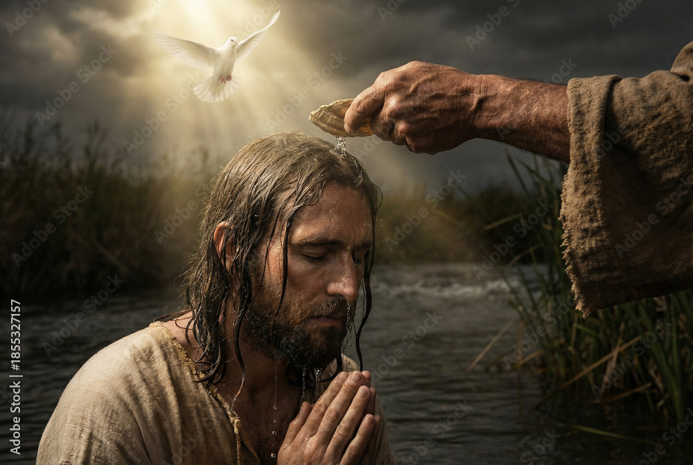 Baptism of Jesus Christ. John the Baptist pouring water on Jesus' head ...