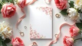 Wedding invitation card surrounded by roses flowers, rings, and satin ribbon. Floral decor on blank paper invites for ceremony. Romantic celebration setup on white background.