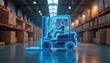 © Viktor - Glowing blue hologram forklift with driver operates in modern warehouse. Automated logistics and cargo storage concept. Digital technology in freight and distribution.