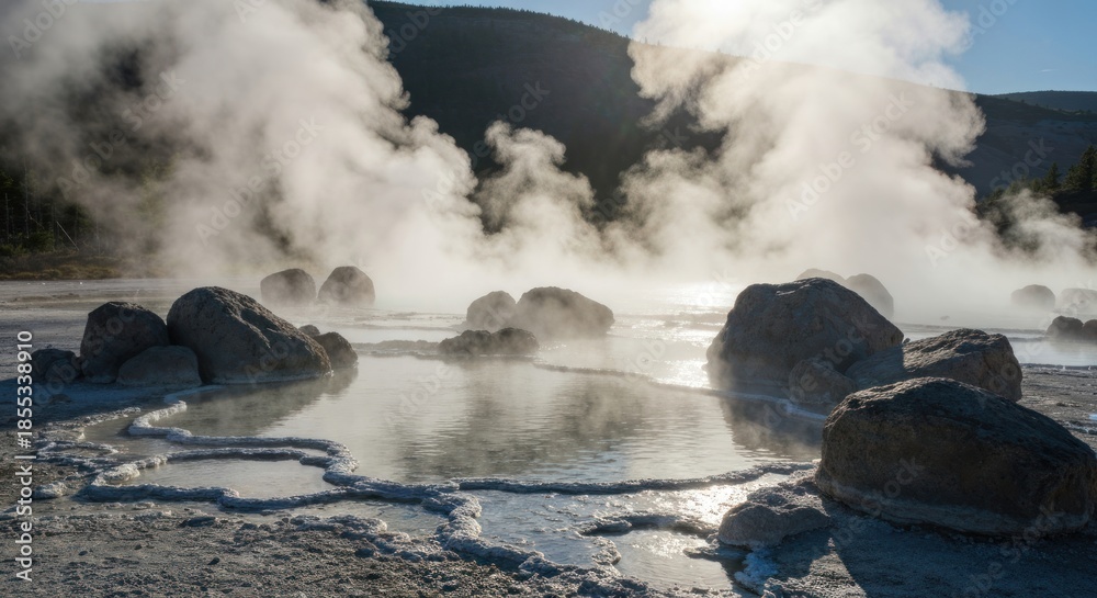 Hot Spring Stream With Rocks Hot springs steam over rocks in a valley with sunlit mountain backdrop ...