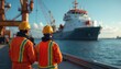 © Viktor - Two workers in orange uniforms and hard hats stand by the water. They watch a large ship and cranes in a busy port. Teamwork and job safety are important.