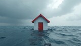 Small house floats in rough sea under dark stormy clouds. Water surrounds the building, threatening submersion. Concept of climate crisis flood, natural disaster, or insurance needs.